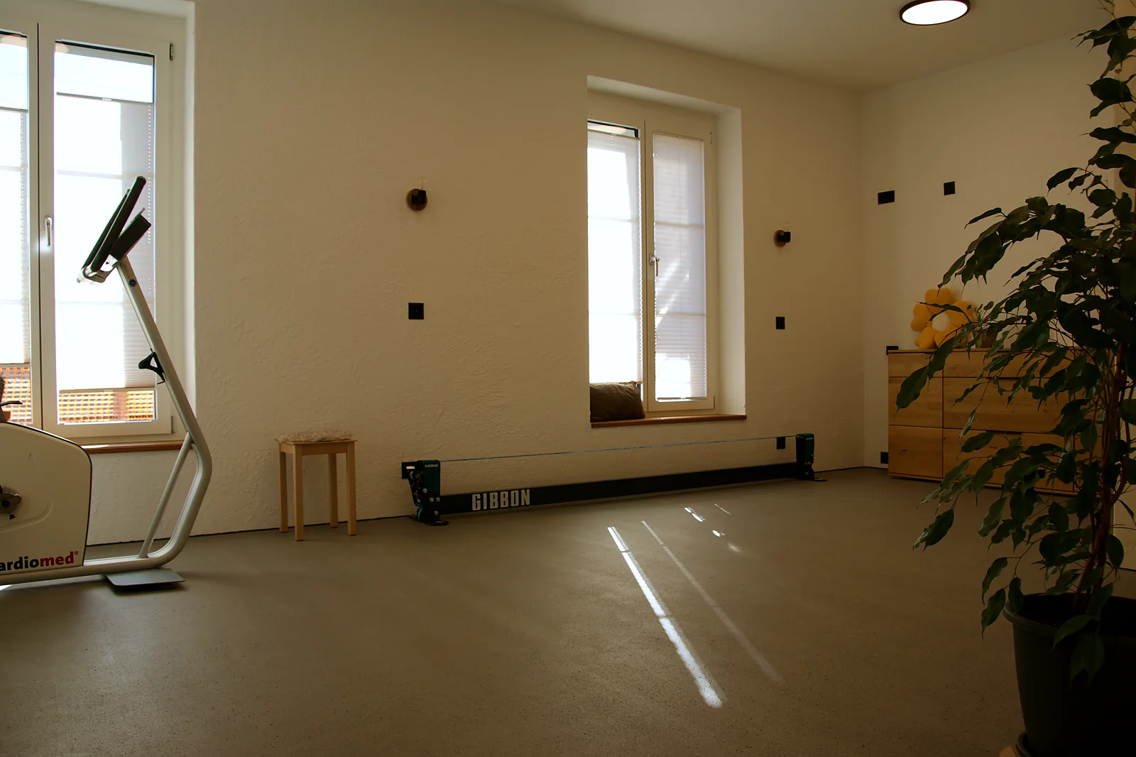 Bewegungsraum mit viel Platz, Spiegel und Trainingsgerät